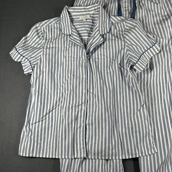 Lake L Poplin Chloe Pajama Set Seaport Shoreline Stripe Blue White 2 Pc Cotton - Picture 4 of 15